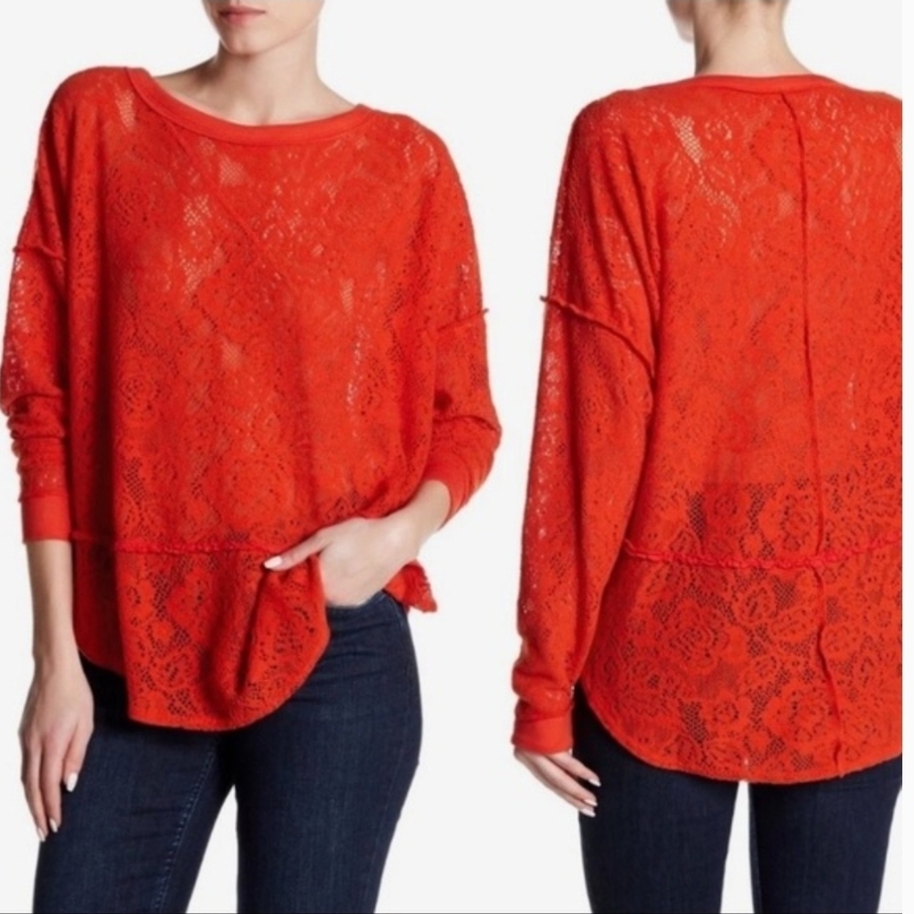 ❤️ FREE PEOPLE NOT COLD IN THIS LACE TOP, VIBRANT ORANGE, MEDIUM - Picture 3 of 15